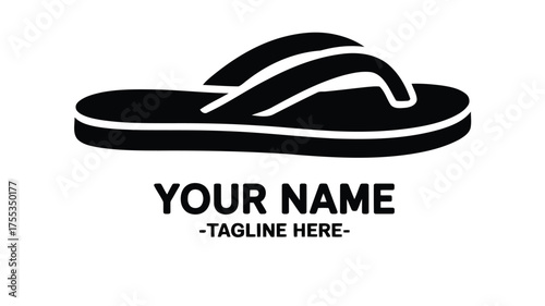 Black silhouette of a flip flop sandal with text placeholders for name and tagline footwear shoe