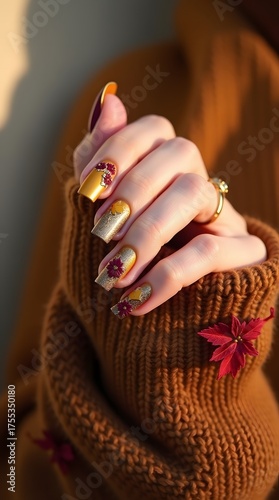 Autumn nail art design featuring gold leaf accents