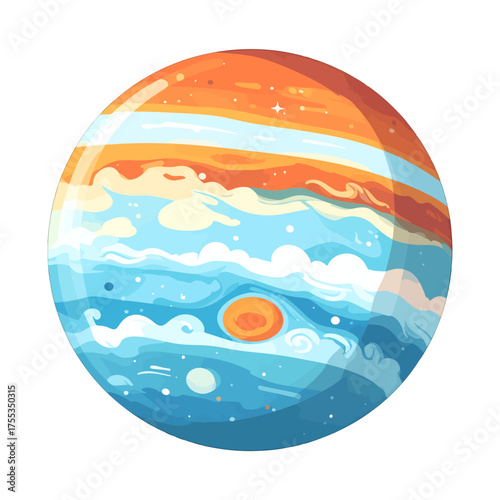 Abstract Pixel Art Planet with Orange Bands and Blue Clouds on White Background