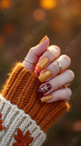 Autumn nail art design featuring gold leaf accents