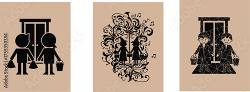 Stylized elevator scene illustrations with shopping characters in cartoon, ornate, and geometric styles, vector art for lifestyle, retail, and whimsical stock content