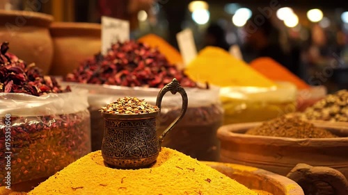 Vibrant Assortment of Spices in Rustic Bowls and Bags at a Market Stall with Warm Atmospheric Lighting
