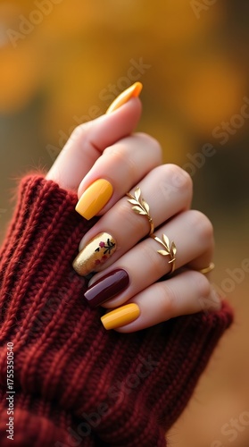 Autumn nail art design featuring gold leaf accents