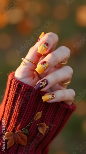 Autumn nail art design featuring gold leaf accents