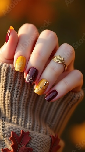 Autumn nail art design featuring gold leaf accents