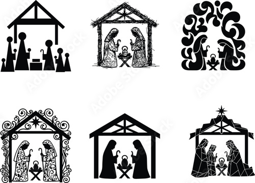 nativity scene illustrations in silhouette, abstract, ornate, and traditional designs, Christmas vector art, religious holiday concept, decorative manger graphics for stock content