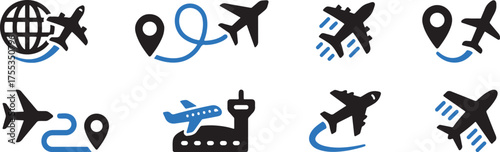 airplane, plane, aircraft, travel, flight, journey, transportation, airport, runway, navigation, route, map, pin, globe, world, icon, set, collection, graphic, illustration, design, black, blue, white