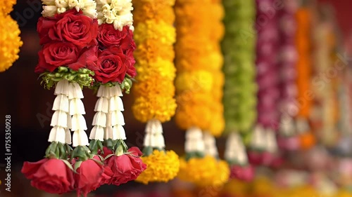 Decorative Hanging Flower Garlands Featuring Red Roses Yellow Marigolds and Greenery in a Vibrant Outdoor Market Display