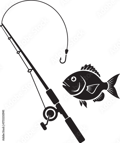 Black silhouette vector illustration of a fishing rod and a fish.