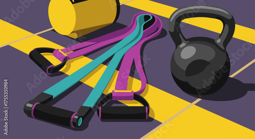 Fitness equipment awaits energetic workout session, inviting strength training and wellness goals in a modern, vibrant setting, inspiring healthy habits