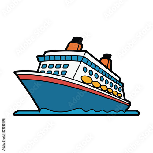 Cartoon cruise ship with blue hull and orange smokestacks sailing on wavy blue water boat vessel