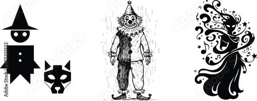 Stylized character illustrations of geometric witch, dramatic clown, and abstract fairy, fantasy and Halloween vector art for whimsical, magical, and theatrical stock content