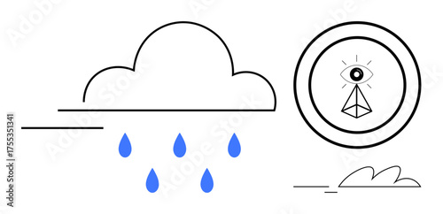 Cloud releasing blue raindrops alongside an abstract eye within a geometric triangle surrounded by a circle. Ideal for weather, vision, abstract art, mindfulness, spirituality, symbolism, simple flat