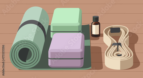 Set up for a peaceful yoga session with a mint yoga mat, blocks, strap, and essential oil to find your inner balance and recharge after a long day