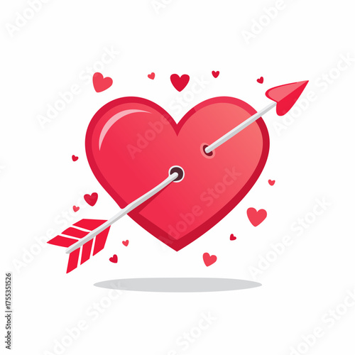 A red heart pierced by an arrow surrounded by smaller hearts illustration
