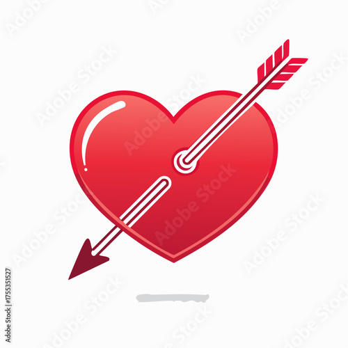 A red heart pierced by a white arrow symbolizing love and romance on white background