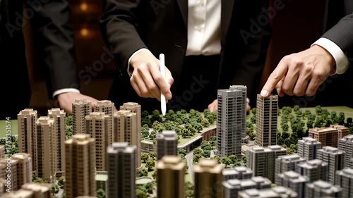 Business Professionals Collaborating On A Detailed Architectural Model Of A Cityscape With Miniature Buildings And Greenery In A Warmly Lit Indoor Setting