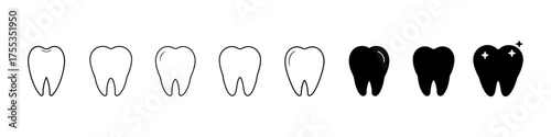 Set of tooth and dental health icons, dental care, tooth decay, and oral hygiene symbols, outline and filled vector illustrations