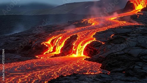 Fiery Lava Flow Cascading Down Volcanic Rock Formation at Dusk.