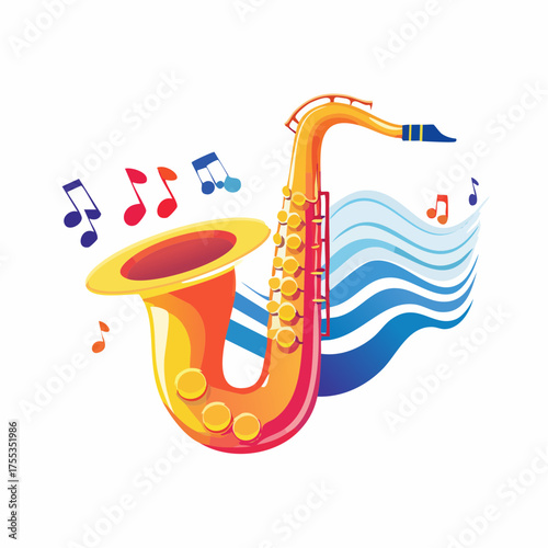 Colorful Saxophone Musical Illustration with Waves and Floating Music Notes