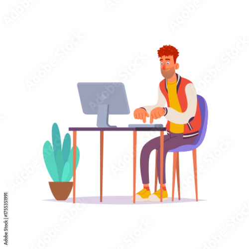 Casual Guy Typing on Desktop PC - Remote Work and Learning Concept