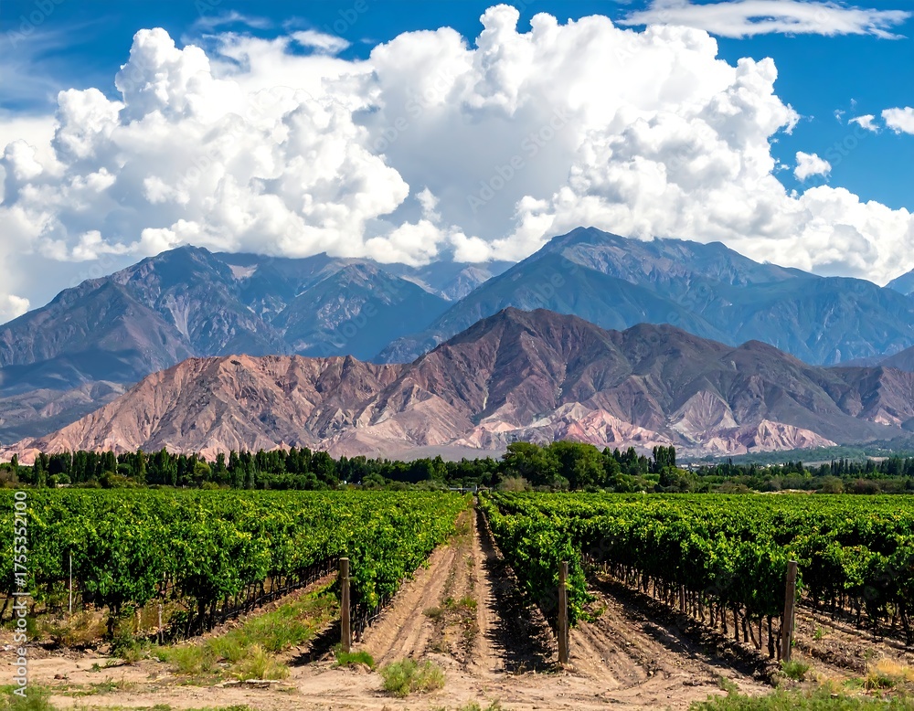Naklejka premium Rows of green grape vines lead towards distant mountains, bathed in sunlight under a cloudy sky