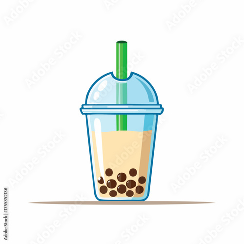 Delicious boba tea drink illustration with tapioca pearls and a green straw