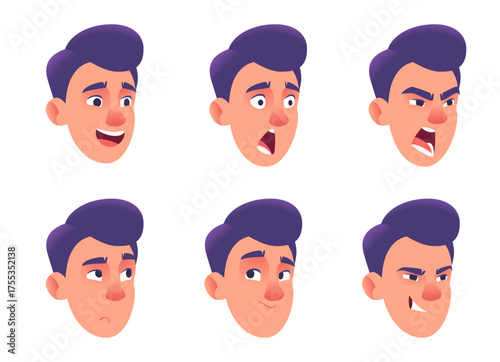 Cartoon Man Faces Expressing Diverse Emotions