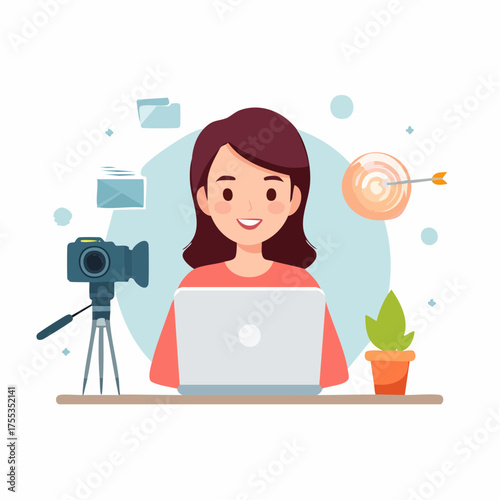 Successful female vlogger and content creator working on a laptop at her desk. Illustration concept of online business, freelancing, and achieving goals