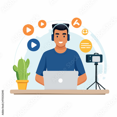 Young man in headphones creating online content, working as a vlogger or streamer with his laptop and smartphone camera