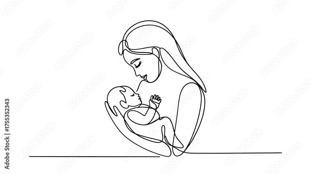 Obraz premium Continuous line drawing of mother holding baby tenderly with closed eyes and flowing hair infant child