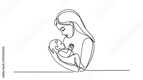 Continuous line drawing of mother holding baby tenderly with closed eyes and flowing hair infant child