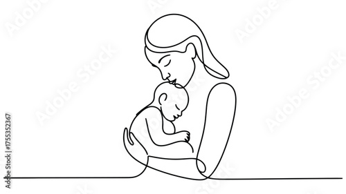 Continuous line drawing of mother holding sleeping baby tenderly with closed eyes and gentle kiss child