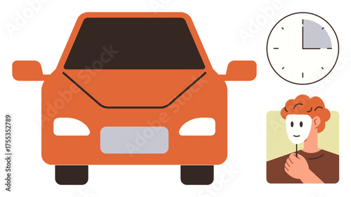 Orange car front, person holding a face mask, and a clock showing time segment. Ideal for concepts of time, travel, identity, deception, mystery scheduling and punctuality. Simple flat metaphor