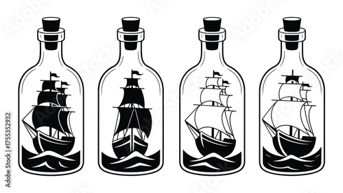 Four black and white silhouette bottles each containing a sailing ship on waves boat vessel