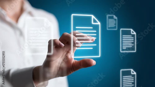 Closeup Of A Hand Holding A Glowing Digital Document Icon Against A Blue Gradient Background Representing Data Management Or Cloud Storage Technology