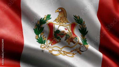 Close-up of a waving flag with red stripes, white field and a central coat of arms emblem