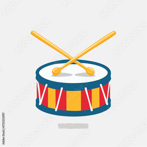 Illustration of a cheerful toy drum with crossed drumsticks against white background