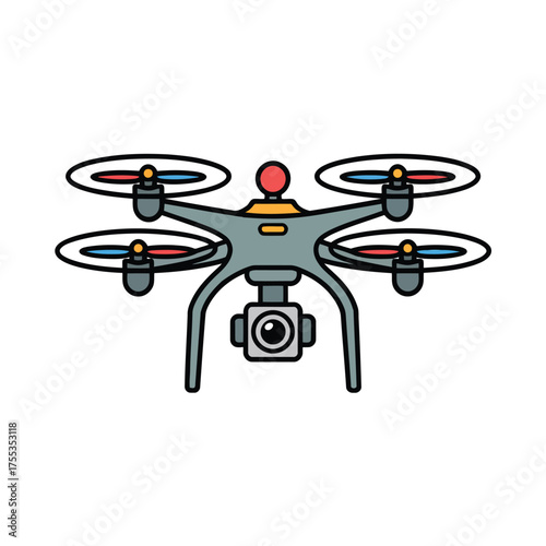 Gray quadcopter drone with camera and red blue propellers on white background aerial vehicle aircraft