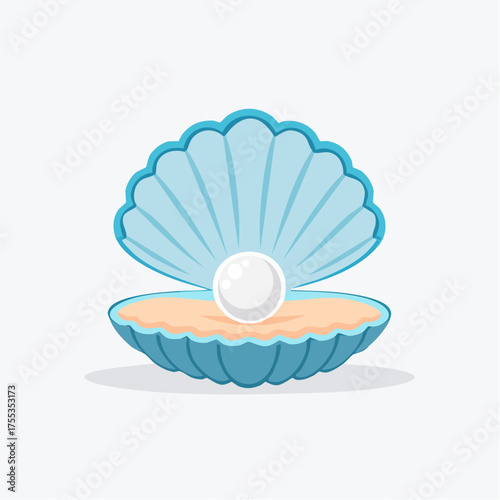 Illustrative depiction of a pearl inside an open seashell on light background