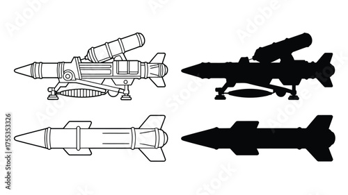 Line art and silhouette of a rocket launcher and a missile on white background weapon military