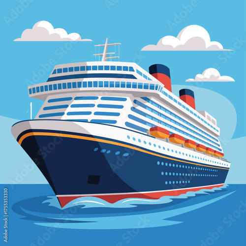 Large blue and white cruise ship sailing on blue water with white clouds ocean travel