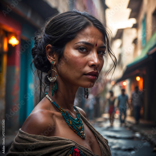 indigenous woman displaced by development of her homeland on backstreets of South American city