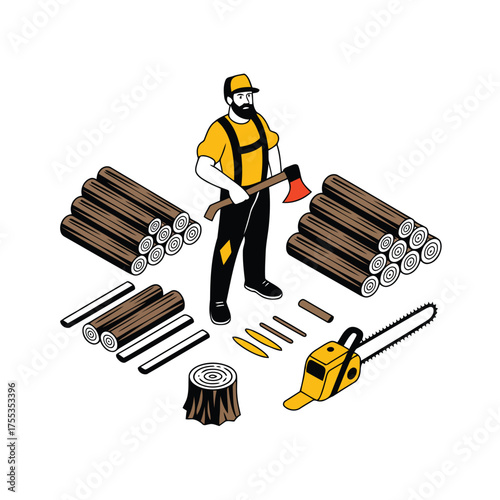 Lumberjack with axe chainsaw logs and stump isometric illustration beard