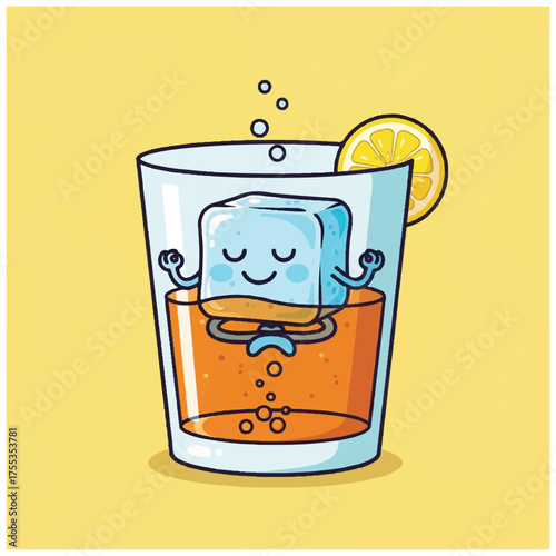 Cute ice cube meditating in a cocktail glass with lemon slice.