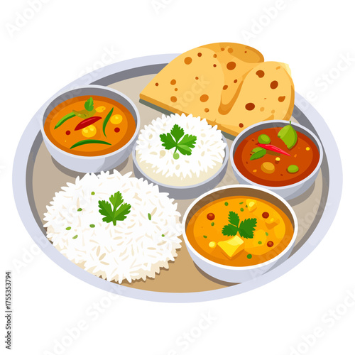 Delicious Indian Thali with Rice Curry and Roti.
