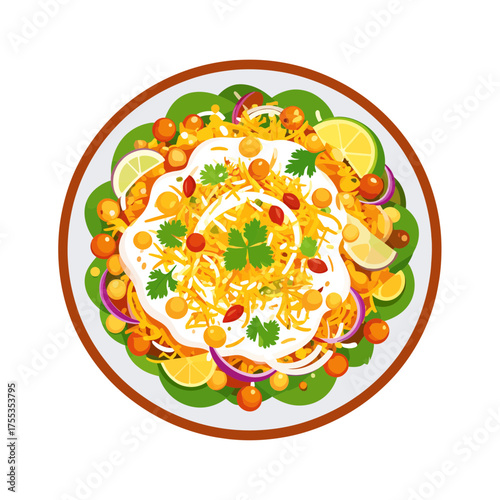 Colorful Plate of Indian Chaat with Chickpeas and Garnishes.