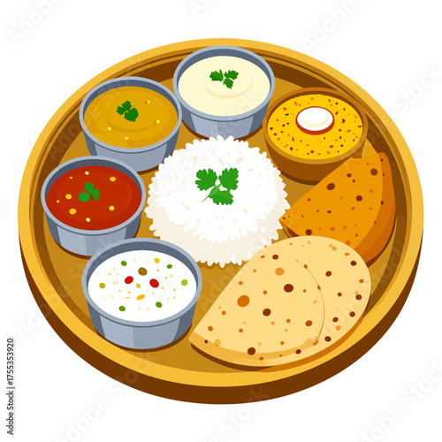 Indian Thali with Rice Curries and Breads on a Wooden Plate.