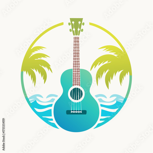 Ukulele logo featuring palm trees, ocean waves, and vibrant colors, a tropical paradise
