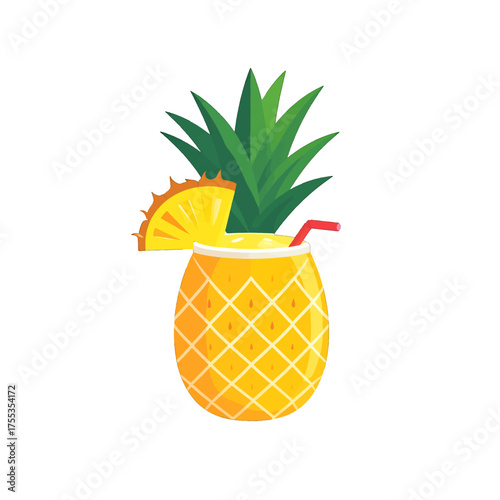 Pixelated Pineapple Smoothie Illustration with Straw and Pineapple Slice on White Background